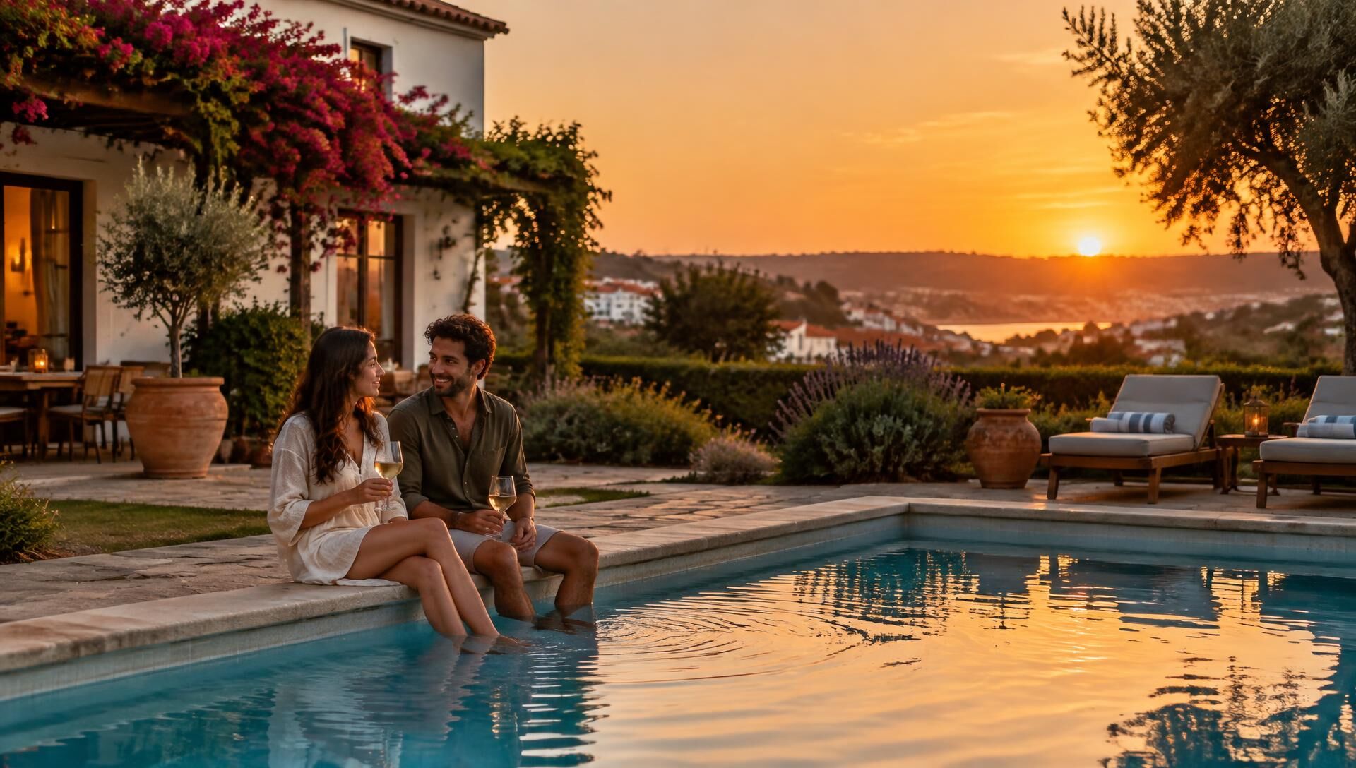 Casal sentado à beira da piscina ao pôr do sol, num jardim tranquilo