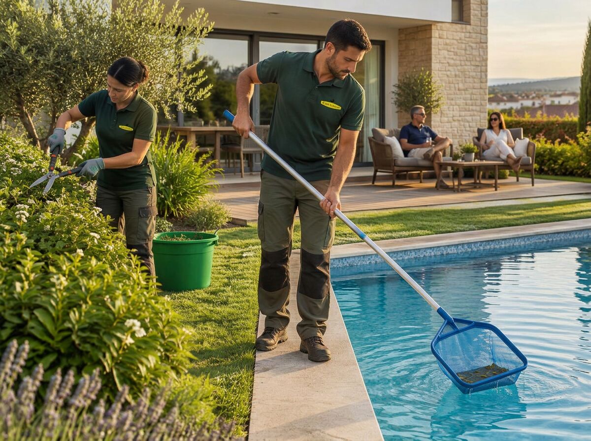 Equipa Team Garden a limpar a piscina e a podar arbustos enquanto os proprietários descansam no terraço