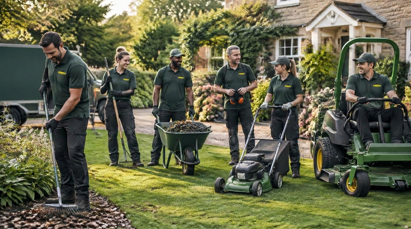 Equipa de especialistas Team Garden num jardim, com cortador de relva, carrinho de mão e ancinhos
