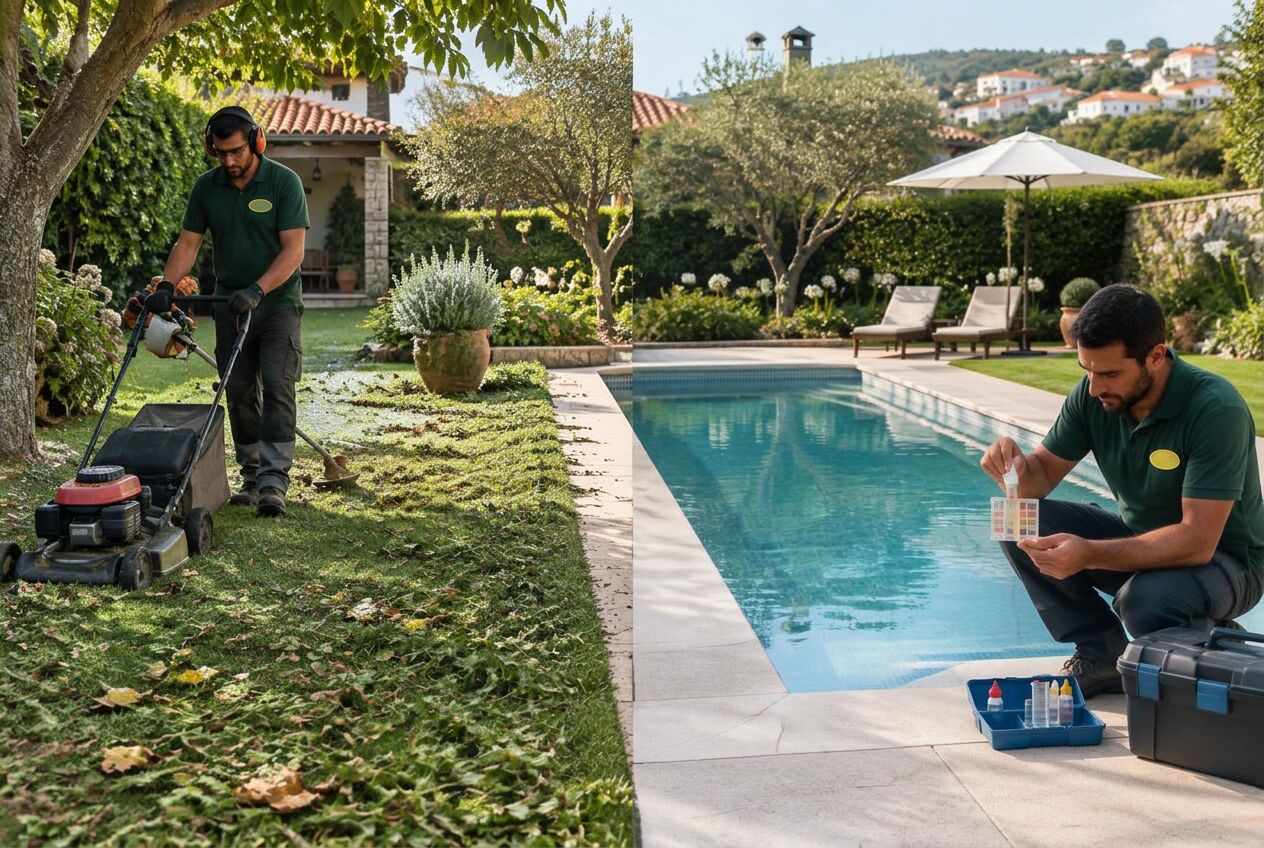 Um profissional corta a relva com folhas por recolher e outro controla a água de uma piscina limpa