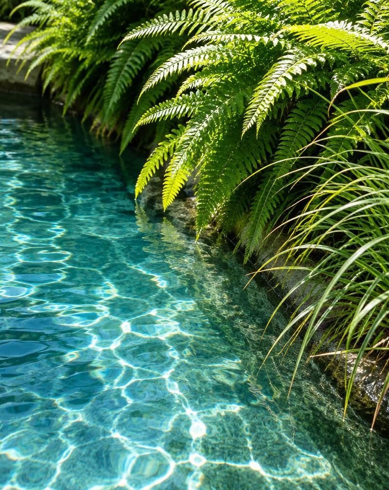 Água cristalina de piscina junto a fetos e gramíneas
